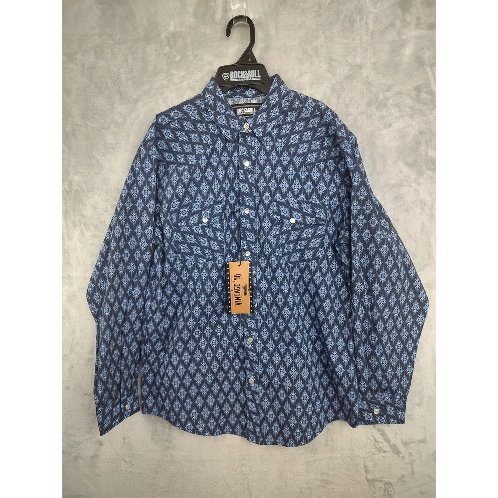 Rock & Roll Denim Kids XL‎ Blue Geometric Print Long Sleeve Western Shirt